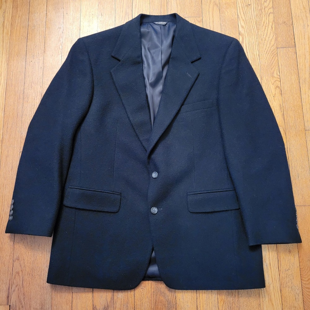 Bill Blass Camel Hair Blazer Black Two Button Sport‎ Coat Belk USA 46R Academia